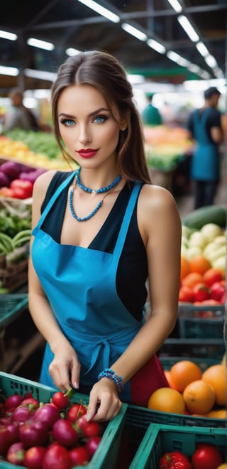 A very beautiful European woman, 30 years old, long hair, blue eyes, wearing a necklace and bracelet. She is wearing a clerk's apron. She is in a crowded vegetable market. He is a marketer in the vegetable and fruit market. He sells fruit. UHD resolution, detailed details, wide-angle shooting. Provocative look, wet lips, eager look of desire, very wide perspective angle