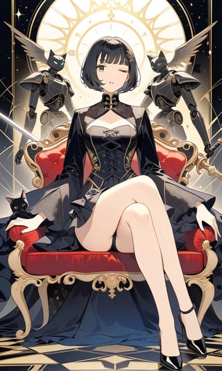 (Masterpiece: 1.2), (a mechanical robot-human hybrid woman), (eyes closed:1.2), （sword:1.3),  full body, best quality, ultra-detailed, 8k, HDR, highres,（absurdres:1.2）,, sits on an amazing golden 18-century classical sofa, (show legs), gothic woman head, bob haircut, short hair, makeup, parted lips, black lipstick, eyeliner, with a bob haircut with bangs, body and legs with a detailed robot mechanical structure,  hand hold a metal sword , fractal art, (tarot card design), black cat, facing forward, front view, dark theme, elegant flourishes, lofi art style, retro, highly dark theme , chinese ink drawing, guweiz artwork,