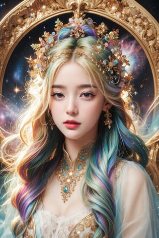 MUCHA STYLE, busty and sexy girl, 8k, masterpiece, ultra-realistic, best quality, high resolution, high definition, COSMO, GALAXY,stardust ,Her hair is the highlight, flowing around her head with white to iridescent hues