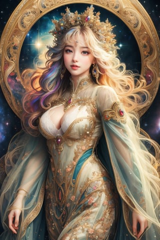 MUCHA STYLE, busty and sexy girl, 8k, masterpiece, ultra-realistic, best quality, high resolution, high definition, COSMO, GALAXY,stardust ,Her hair is the highlight, flowing around her head with white to iridescent hues