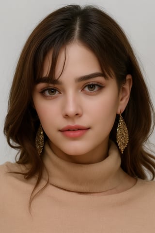 A portrait of a stunning young woman with a beautiful face, adorned with delicate earrings, gazes directly at the camera. She wears an orange turtleneck sweater that reaches up to her chin, framing her features. Her short, dark hair is styled simply, and she has a small pimple on her cheek. The scene is set against a plain, uncluttered background, allowing her captivating face to take center stage.