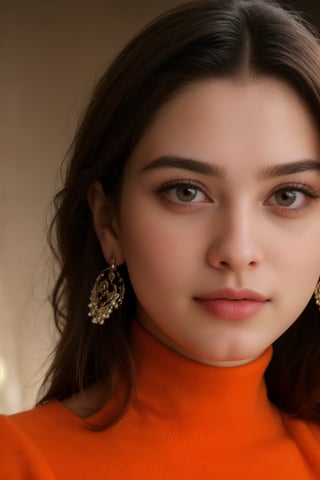 A portrait of a stunning young woman with a beautiful face, adorned with delicate earrings, gazes directly at the camera. She wears an orange turtleneck sweater that reaches up to her chin, framing her features. Her short, dark hair is styled simply, and she has a small pimple on her cheek. The scene is set against a plain, uncluttered background, allowing her captivating face to take center stage.