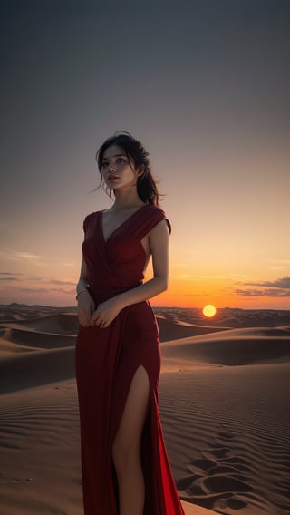 Desert Solitude: Imagine a woman in a flowing red dress, standing atop a sand dune overlooking a vast desert landscape. The sun dips below the horizon, casting long shadows and painting the sky in fiery hues. The silence is broken only by the whisper of wind, and the woman's expression is one of quiet contemplation amidst the stark beauty of nature's harshest embrace.