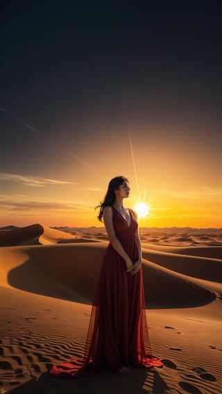 Desert Solitude: Imagine a woman in a flowing red dress, standing atop a sand dune overlooking a vast desert landscape. The sun dips below the horizon, casting long shadows and painting the sky in fiery hues. The silence is broken only by the whisper of wind, and the woman's expression is one of quiet contemplation amidst the stark beauty of nature's harshest embrace.