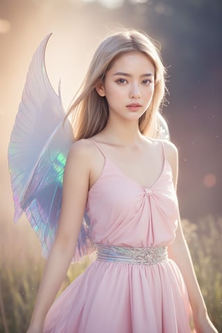 (masterpiece, best quality, CGI, official art:1.2), (stunning celestial being:1.3), (iridescent wings:1.4), shimmering silver hair, piercing sapphire eyes, gentle smile, (luminous aura:1.2), soft focus, whimsical atmosphere, serene emotion, dreamy tone, vibrant intensity, inspired by Hayao Miyazaki's style, ethereal aesthetic, pastel colors with (soft pink accents:1.1), warm mood, soft golden lighting, diagonal shot, looking up in wonder, surrounded by (delicate clouds:1.1) and (shimmering stardust:1.2), focal point on the being's face, intricate textures on wings and clothes, highly realistic fabric texture, atmospheric mist effect, high image complexity, detailed environment, subtle movement of wings, dynamic energy,AIDA_LoRA_AnC