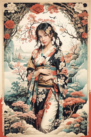 Masterpieces, Best Quality, Official Art, Aesthetics, 1girl, Asian girl, kimono, detailed background, isometric, art nouveau, flower, rose, fractal art, realhands, AI_Misaki, (zentangle, mandala, tangle, tangle), (psychedelic, flower, tapestry, Ethereal), holy light, gold leaf, gold leaf art, glitter painting, black,