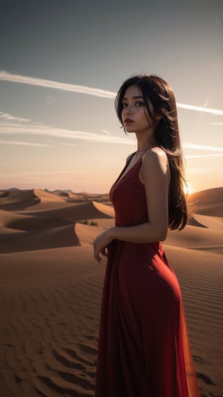 Desert Solitude: Imagine a woman in a flowing red dress, standing atop a sand dune overlooking a vast desert landscape. The sun dips below the horizon, casting long shadows and painting the sky in fiery hues. The silence is broken only by the whisper of wind, and the woman's expression is one of quiet contemplation amidst the stark beauty of nature's harshest embrace.