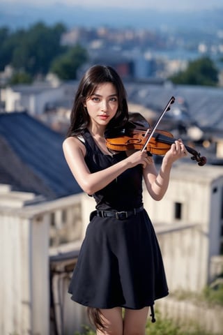 ((masterpiece, quality, wide photo angle)), 1 girl, standing on the roof of a building, solo, Vintage hairstyle, black hair, dress, sleeveless, black dress, high heels, sleeveless dress, instrument, ((playing violin1.3)), real hands, night, stars, wind blows