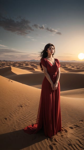 Desert Solitude: Imagine a woman in a flowing red dress, standing atop a sand dune overlooking a vast desert landscape. The sun dips below the horizon, casting long shadows and painting the sky in fiery hues. The silence is broken only by the whisper of wind, and the woman's expression is one of quiet contemplation amidst the stark beauty of nature's harshest embrace.