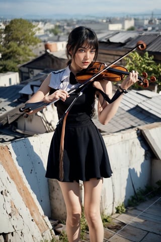 ((masterpiece, quality, wide photo angle)), 1 girl, standing on the roof of a building, solo, Vintage hairstyle, black hair, dress, sleeveless, black dress, high heels, sleeveless dress, instrument, ((playing violin1.3)), real hands, night, stars, wind blows