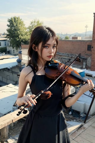 ((masterpiece, quality, wide photo angle)), 1 girl, standing on the roof of a building, solo, Vintage hairstyle, black hair, dress, sleeveless, black dress, high heels, sleeveless dress, instrument, ((playing violin1.3)), real hands, night, stars, wind blows