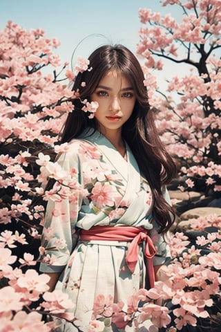 A 16-year-old Japanese beauty,in the sakura flowers.Turn slightly