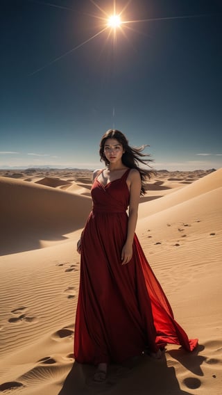 Desert Solitude: Imagine a woman in a flowing red dress, standing atop a sand dune overlooking a vast desert landscape. The sun dips below the horizon, casting long shadows and painting the sky in fiery hues. The silence is broken only by the whisper of wind, and the woman's expression is one of quiet contemplation amidst the stark beauty of nature's harshest embrace.