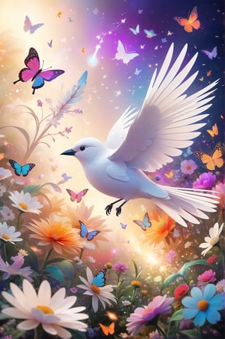 A 2.5D stylized illustration of a snowy white bird with intricate feather details flying amidst a vibrant garden filled with fantastical blooming flowers of various shapes and colors, surrounded by swarms of iridescent butterflies, giving an ethereal and dream-like atmosphere, with a soft warm lighting and slightly blurred background.