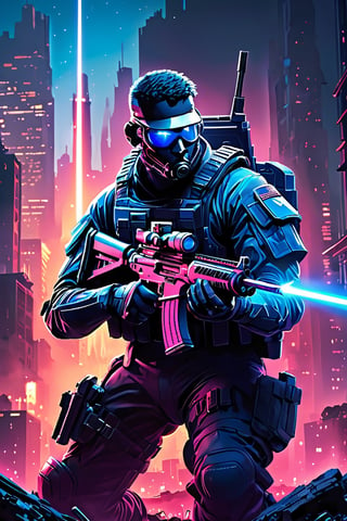  The soldier is crouched in a tactical position, their eyes narrowed in focus on a distant target. In their hand, they hold a high-tech laser rifle, its barrel glowing with an intense blue light. As they prepare to fire, a concentrated beam of laser energy erupts from the weapon, piercing the night sky and illuminating the cityscape 

Soldier: modern feel,man, stud,combat uniform 
Cityscape: Depict a war-torn environment. Imagine crumbling buildings, shattered streets, and smoke rising from distant fires. Bathe the scene in moonlight with a stark contrast to the soldier's laser fire.
Laser Beam: Make the laser beam a vibrant blue color, contrasting sharply with the dark surroundings.
Style: Cyberpunk
Prompt with color image reference:magenta color palette