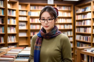 Yuko, an Asian woman with blond-dyed hair tied back in a neat bun, stands behind the counter of her cozy bookshop in Tokyo. She wears a comfortable sweater,  a fashionable colourful scarf made of silk around her neck, and stylish glasses, embodying her civilian identity as a bookseller. Shelves filled with books create a warm and inviting atmosphere in the background, with a soft, ambient light casting a gentle glow. The focus is on her face, her expression is friendly and welcoming, engaging with the customers in her charming bookstore. The image should be detailed and realistic, highlighting her unique features and the cozy bookstore setting.
