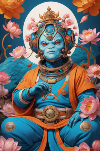 a beautiful rendition of astronaut,insanely detailed and intricate,Ásia traditional ratio,hypermaximalist,matte,cinematic,James  froud,ross tran,,LuxTechAI ,,monster ,TransformersStyle 
Budha lotus pose barong goodness good  icon  samurai peony  Sakura
Garuda humongous  blue marine orange colours