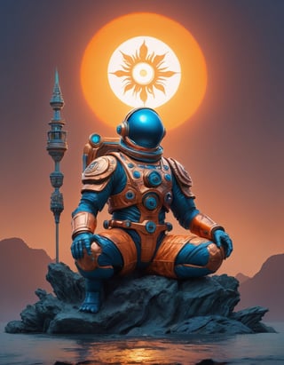 a beautiful rendition of astronaut,insanely detailed and intricate,copper  ratio,hypermaximalist,matte,cinematic,James  froud,ross tran,,LuxTechAI ,,monster ,TransformersStyle 
Budha lotus pose barong goodness good  icon  samurai blue marine orange sun set temple 

