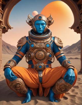 a beautiful rendition of astronaut,insanely detailed and intricate,copper  ratio,hypermaximalist,matte,cinematic,James  froud,ross tran,,LuxTechAI ,,monster ,TransformersStyle 
Budha lotus pose barong goodness good  icon  samurai blue marine orange sun set temple 

