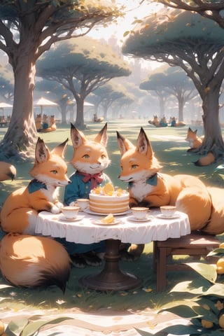 A fat tabby cat sitting at a small table in a lemon grove, plates of cake and teacups in front of it, (4 foxes:2) sitting around the table drinking tea, idyllic afternoon scene, dappled sunlight filtering through lemon tree branches, whimsical and dreamy atmosphere, soft natural colors