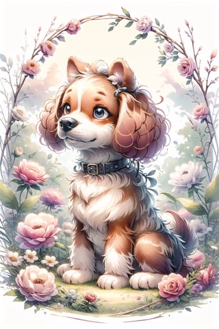 A stuffed toy poodle dog with fluffy curly, wearing a on its head, sitting in the middle of a field of like peonies and roses,, whimsical cute scene, panoramic wide angle view