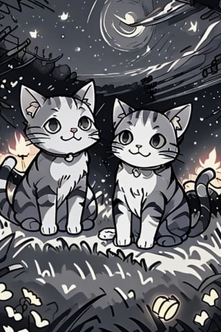 two cats stargazing on a hill, starry_night, masterpiece, best quality, ANIME, CARTOON, CHARACTER,BlackworkStyleManityro, monochrome, greyscale,cat,firefliesfireflies, night sky