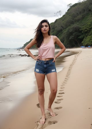 Lovely cute hot Alia Bhatt, acute an Instagram model 22 years old, full-length, long blonde_hair, baby_pink top, black hair, summer, on a beachside, Indian, wearing a black color top and shorts jeans, Lives text on top
