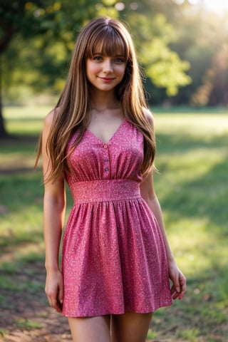 intricate background,  realistic eyes, beautiful hair, bangs, long hair, hair highlight,  hair ornament, woman, 20yo, looking at viewer, innocent smile, full body shot,  pretty summer dress, random poses, legs, (masterpiece:1.0), (best quality:1.0), ultra high res,4K, ultra-detailed, photography, 8K, HDR, highres, absurdres:1.2, Kodak portra 400, film grain, blurry background, bokeh:1.2, lens flare, (vibrant color:1.2), professional photograph