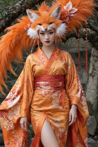 Fantasy. Anime. In the style of Yoshitaka Amano. An orange fur kitsune transforming into a beautiful and alluring geisha in an exquisite kimono with obi and sash. 