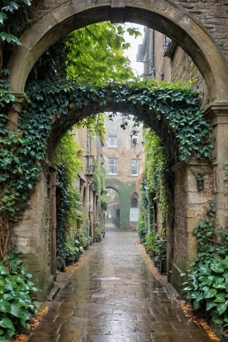 A majestic scene unfolds: within the frame, an ancient ivy-covered archway dominates the cobbled street's worn stones, raindrops glistening on its leaves like tiny diamonds. The late afternoon sun casts a diffuse glow, softly illuminating the Edwardian-era pedestrians, each clutching a sturdy umbrella as they hasten through the downpour.