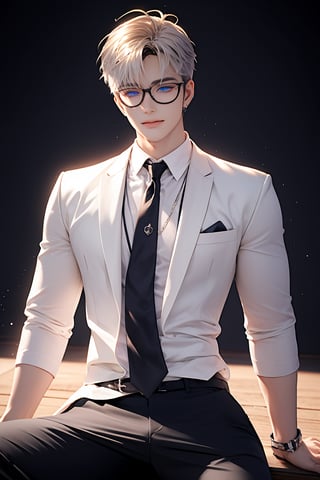 1boy ((very handsome_boy: 1)), cute_boy,blue_eyes, 
white_silver_hair ,White skin
,  sun light, light particles, ((materpiece: 2)), looking at viewer, stunning ,school_uniform,black pants,loose necktie
library_background,bangs covering the forehead,hair,nerd,2d,full body shot,skinny_body_type
, plain_hair,like_vampire,nerd,glasses

,Kibera,