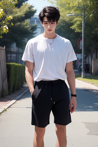 
solo, short hair, shirt, black hair, 1boy, standing, white shirt, male focus, outdoors, messy hair
