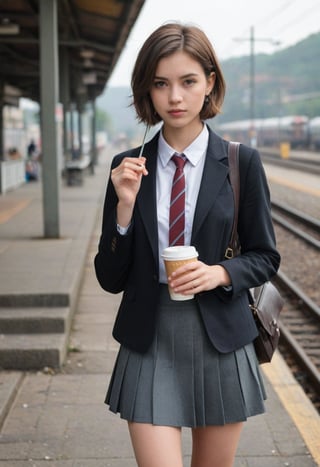 1girl, solo, looking at viewer, short hair, skirt, brown hair, shirt, long sleeves, holding, brown eyes, school uniform, standing, jacket, white shirt, pleated skirt, necktie, black skirt, bag, blurry, cup, blazer, holding cup, drinking straw, stairs, train station, railroad tracks