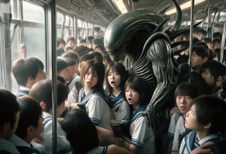 close up, horror movie, photorealistic,a crowded Japanese train in the heat of summer. High school students are wearing their uniforms, and one female student is squeezed against the glass window. A huge alien creature, also caught in the crowd, is leaning against her. In the reflection of the glass window, you can see her frightened expression. The image should convey a sense of closeness and embrace due to the cramped conditions, rendered in extremely detailed, alienbus