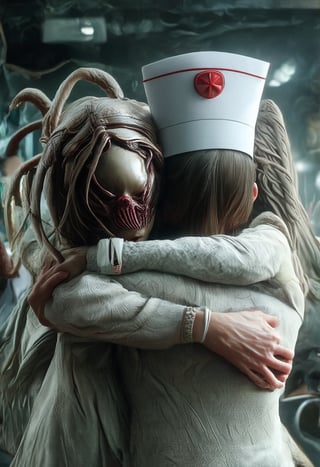 close up, horror movie, photorealistic, face hug, on shoulders, shoulder carry, carrying, arms on head, Hospital, from behind, nurse, nurse hat