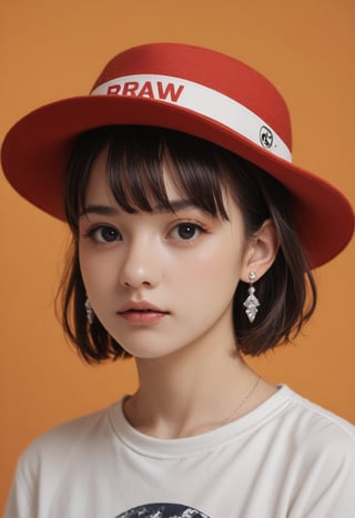 score_9,score_8_up,score_7_up,score_6_up BREAK source_real,raw,photo,realistic BREAK

1girl, solo, looking at viewer, blush, short hair, bangs, simple background, brown hair, black hair, hat, jewelry, upper body, earrings, parted lips, black eyes, black shirt, makeup, red headwear, orange background