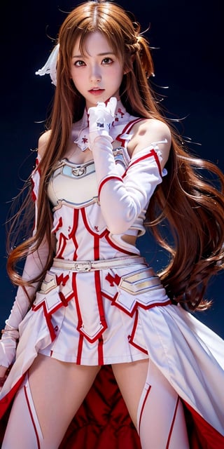 A full body photo of beautiful yuuki asuna wearing white & red colour's guild armor suit with a realistic Asian's skin colour. There are a few small spots or small moles or small warts scattered on the skin of the body. The big chest is very concentrated and firm. She has light makeup on her face, smiles, and has bright eyes. Nice hands, perfect hands, perfect fingers, eyes looking into the camera, random hairstyles and hair accessories, random photo poses, random face shapes, random clothing colours, random background matching, real photo quality, depth of field, clear background, backlight, 32K resolution, leg open and lift high up style at open area battle field, battle pose with stab sword.