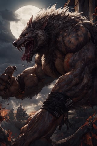 Male, wereshep, (extremely_muscular), (thick_arms), (massive pecs), realistic, saliva_string, groaning in pain, full moon 