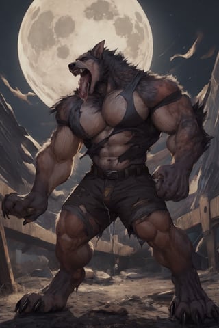 Male, wereshep, (muscular), (thick_arms), (big pecs), saliva_string, full moon, claws, mid transformation, ripped clothes