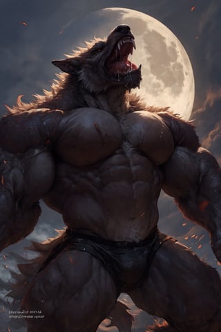 Male, wereshep, (extremely_muscular), (thick_arms), (massive pecs), realistic, saliva_string, groaning in pain, full moon 