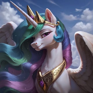 score_9, Princess Celestia, pony, alicorn, solo, fluffy, furry, detailed, beautiful, smirk, Expressiveh, realism, sky, flame everywhere