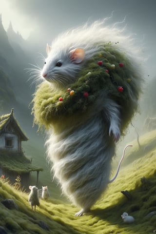 Imagine the following scenario.
An old white mouse with a long bushy mustache dressed in wool with a human body.
 All beautiful and a mystical moss grass hut hidden deep in a misty valley.
Picking fruits and placing them in baskets.
,DonM3l3m3nt4lXL