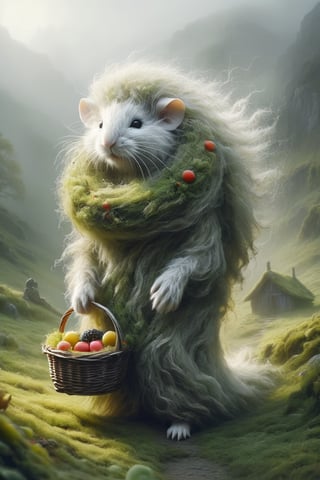 Imagine the following scenario.
An old white mouse with a long bushy mustache dressed in wool with a human body.
 All beautiful and a mystical moss grass hut hidden deep in a misty valley.
Picking fruits and placing them in baskets.
,DonM3l3m3nt4lXL