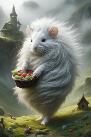 Imagine the following scenario.
An old white mouse with a long bushy mustache dressed in wool with a human body.
 All beautiful and a mystical moss grass hut hidden deep in a misty valley.
Picking fruits and placing them in baskets.
,DonM3l3m3nt4lXL