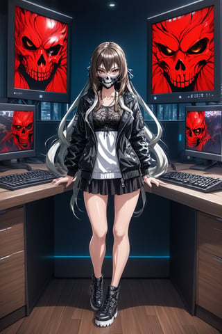 16-year-old girl, white hair, very long hair, with a black facial mask that covers the entire face, the entire face covered, long black robe to the feet, dark background, and white shirt, looking at the viewer, full body 1.40 meters, dark room, and behind it some computers with a dark background.,anime coloring,ruanyi0618,SHARP REALISTIC MODEL ,Hollow,Skull mask