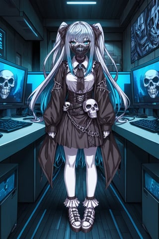 16-year-old girl, white hair, very long hair, with a black facial mask that covers the entire face, the entire face covered, long black robe to the feet, dark background, and white shirt, looking at the viewer, full body 1.40 meters, dark room, and behind it some computers with a dark background.,anime coloring,ruanyi0618,SHARP REALISTIC MODEL ,Hollow,Skull mask