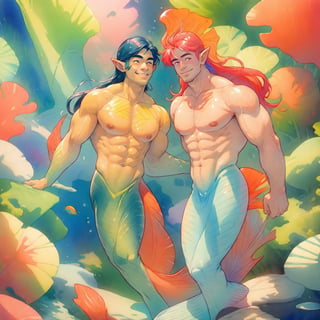  ((best quality)), ((masterpiece)), (detailed), ((perfect face)), male, two happy mermen are swimming, two merfolks, adult, long hair, lean and muscular body, finned ears, fins, tail glows slightly with luminous scales, very long mermaid tails, bioluminescent, markings along his body,watercolor, multicolor, perfect light