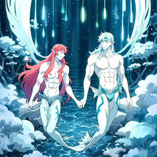  ((best quality)), ((masterpiece)), (detailed), ((perfect face)), male, two happy mermen are swimming, two merfolks, adult, long hair, lean and muscular body, finned ears, fins, tail glows slightly with luminous scales, very long mermaid tails, bioluminescent, markings along his body,watercolor, multicolor, perfect light,portrait,CrclWc