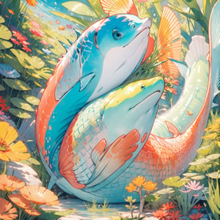 ((best quality)), ((masterpiece)), (detailed), ((perfect face)), male, two cheerful mermen are swimming, two merfolks, adult, long hair, lean and muscular body, finned ears, fins, tail glows slightly with luminous scales, very long mermaid tails, bioluminescent, markings along his body,watercolor, multicolor, perfect light,rokudenashi