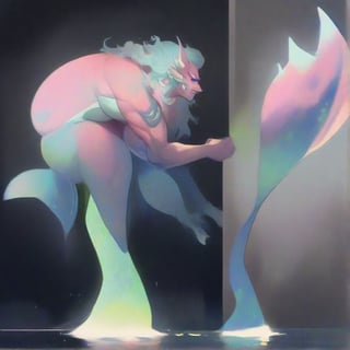 ((best quality)), ((masterpiece)), (detailed), ((perfect face)), male, full bodies, body builder men, huge muscular, european handsome face, two cheerful mermen are swimming, two merfolks, adult, long hair, lean and muscular body, finned ears, fins, tail glows slightly with luminous scales, very long mermaid tails, bioluminescent, markings along his body,watercolor, multicolor, perfect light